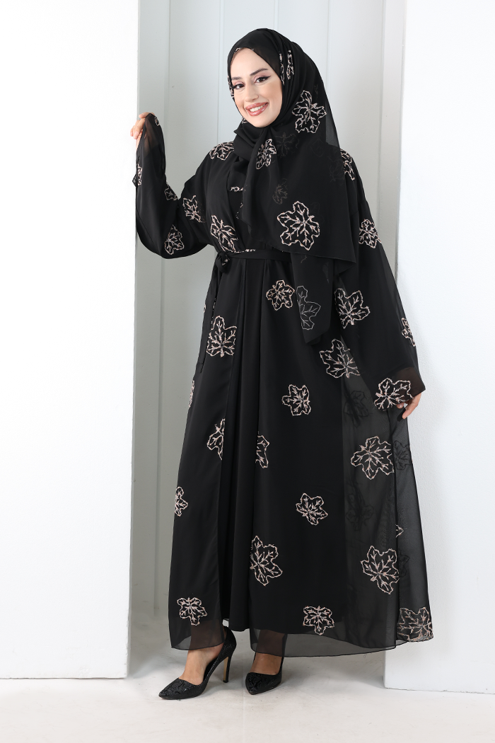 Embroidered Chiffon Abaya with Matching Hijab 2006 Black-Gold