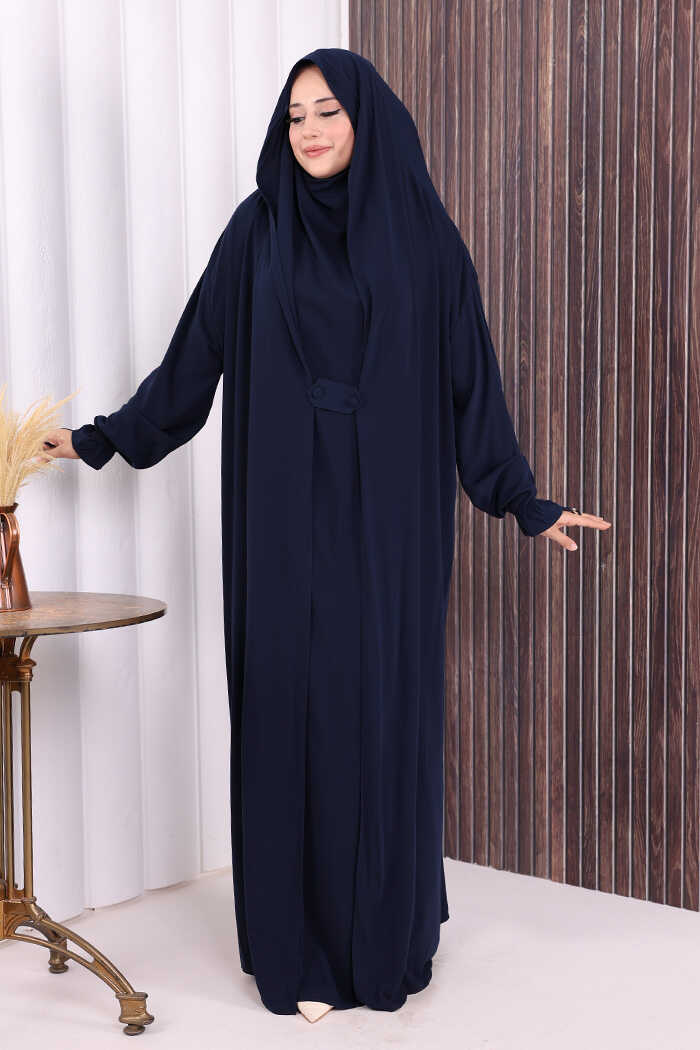 Medina-Fabric Built-In Niqab Ruffle Jilbab 6032 Navy