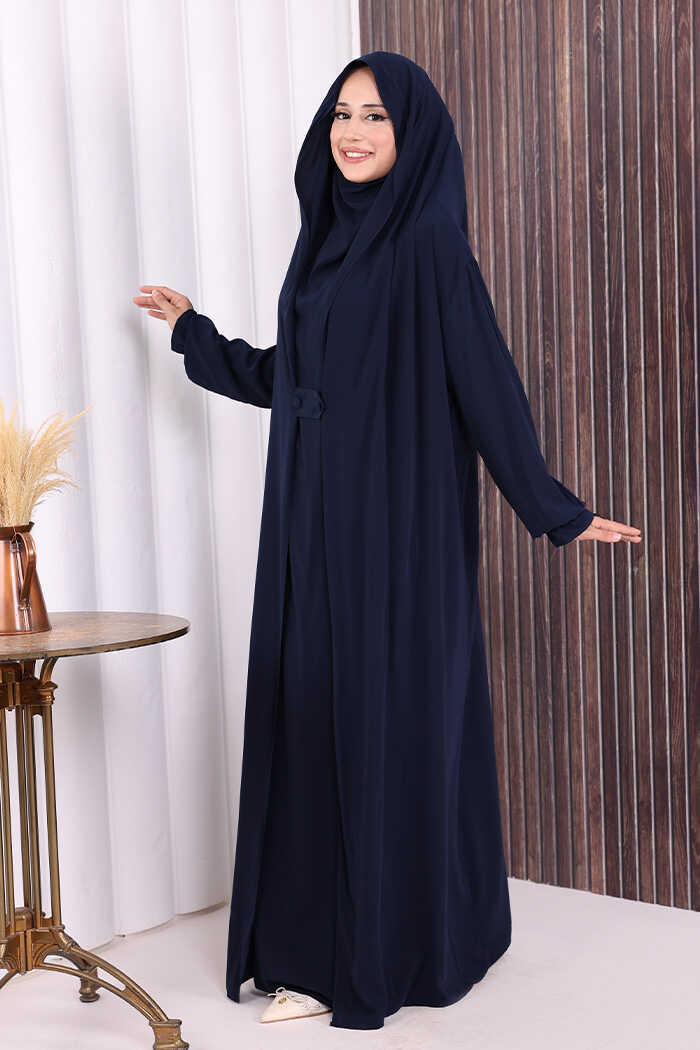 Medina-Fabric Built-In Niqab Ruffle Jilbab 6032 Navy
