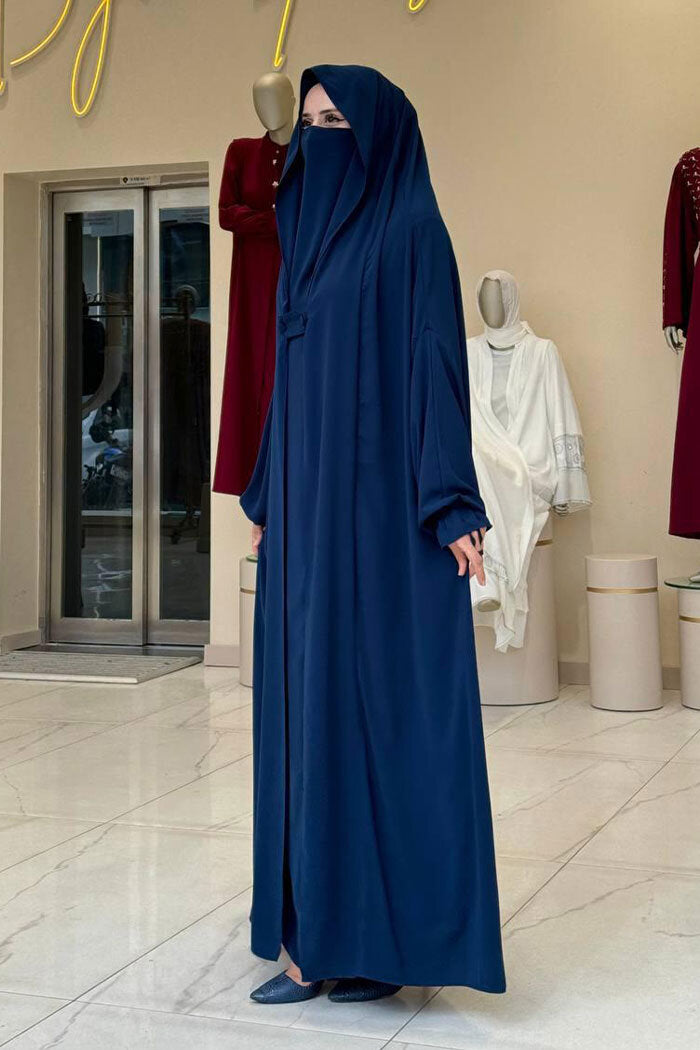 Medina-Fabric Built-In Niqab Ruffle Jilbab 6032 Navy