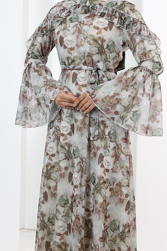 Floral-Print Modest Dress 7002 Khaki