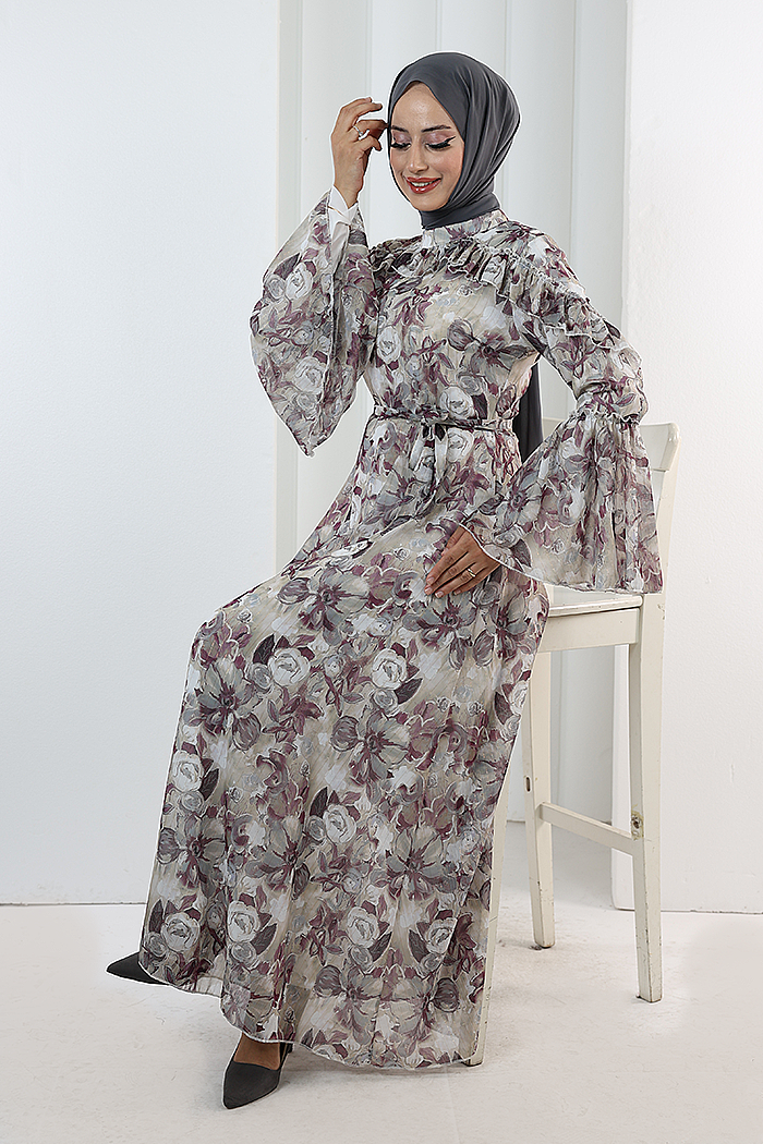 Floral-Print Modest Dress 7002 Plum