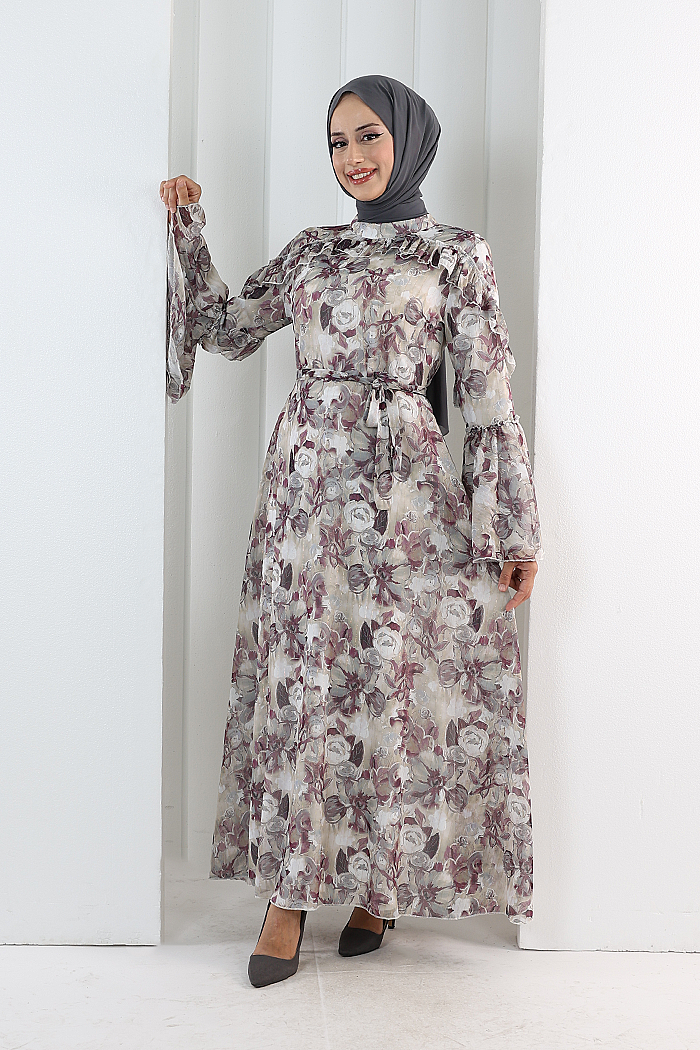 Floral-Print Modest Dress 7002 Plum