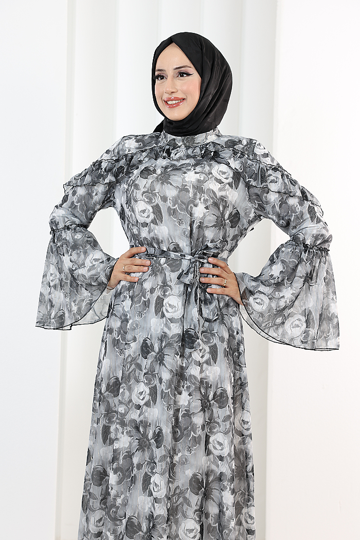 Floral-Print Modest Dress 7002 Black