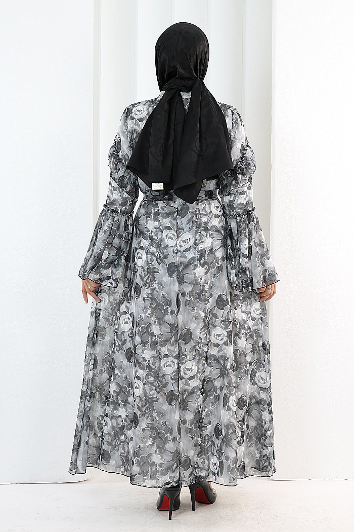 Floral-Print Modest Dress 7002 Black