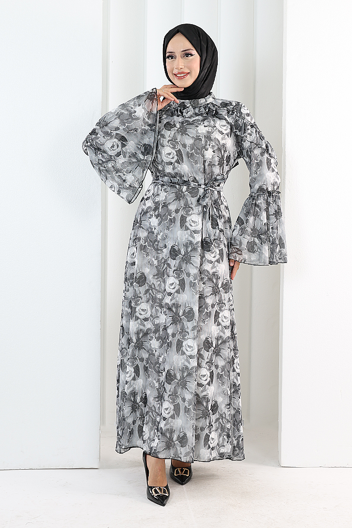 Floral-Print Modest Dress 7002 Black