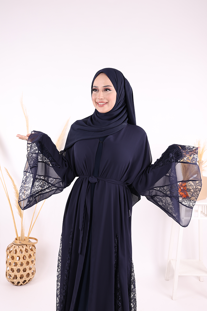 Lace-Embroidered Belted Chiffon Abaya 7886 Navy