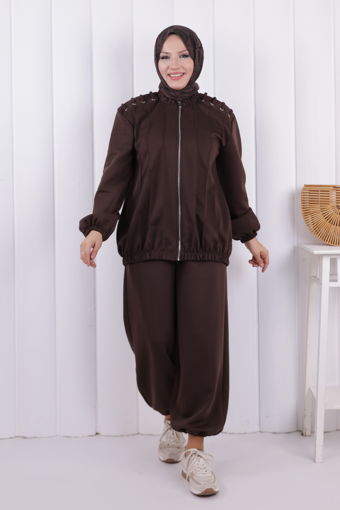 Tie Detail Zip-Front Modest Set 1205 Brown