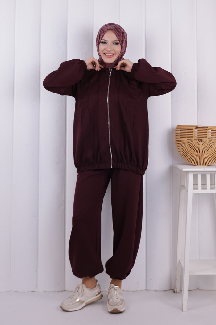Tie Detail Zip-Front Modest Set 1205 Plum