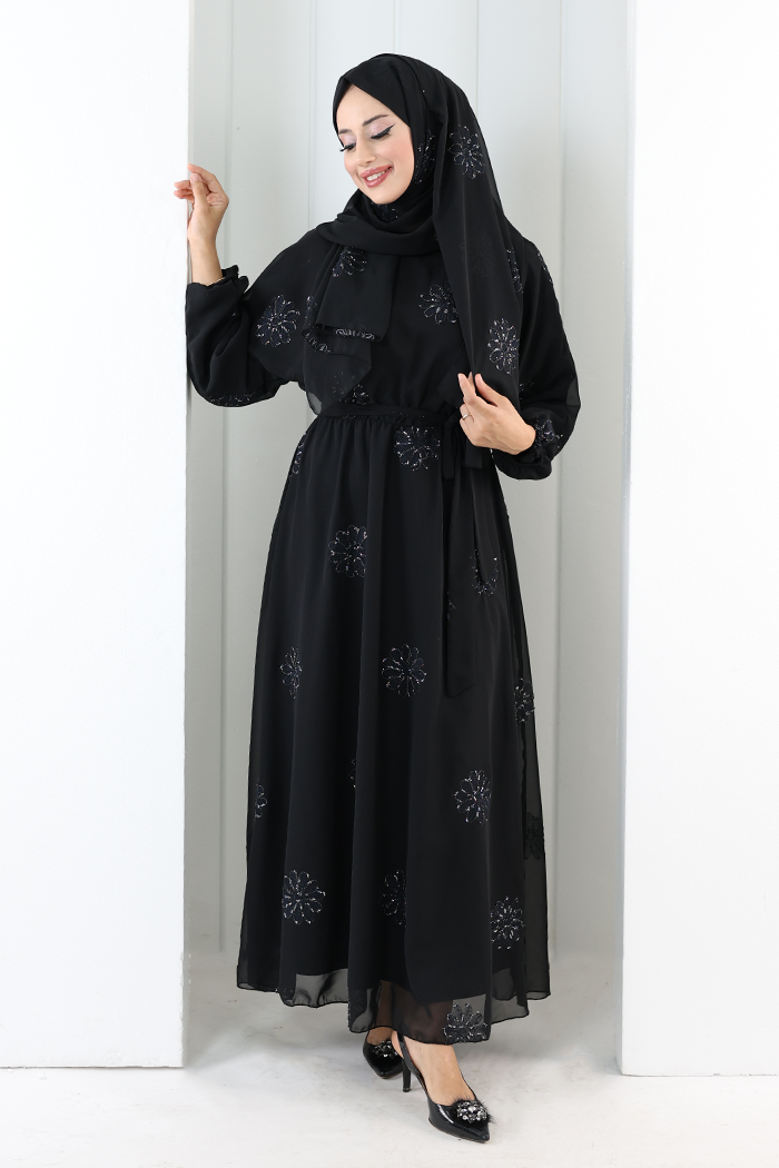 Elastic-Waist Embroidered Dress 7001 Silver
