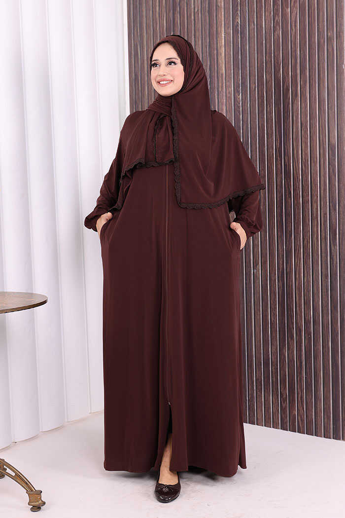 Lace-Detailed Prayer Abaya with Matching Hijab 6010 Brown