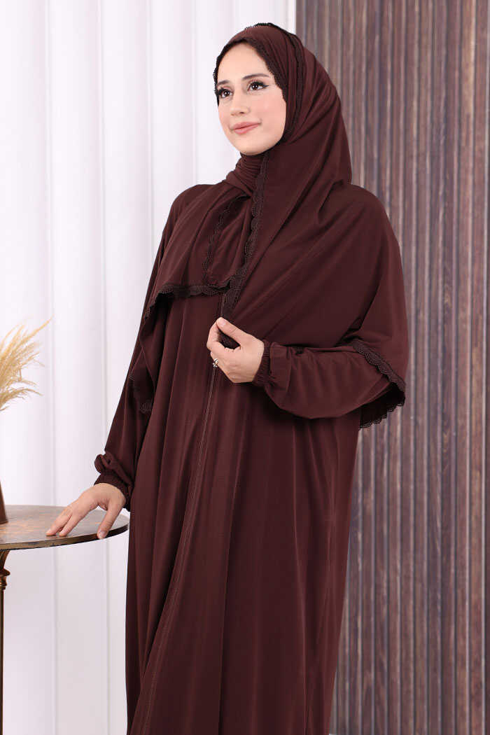 Lace-Detailed Prayer Abaya with Matching Hijab 6010 Brown