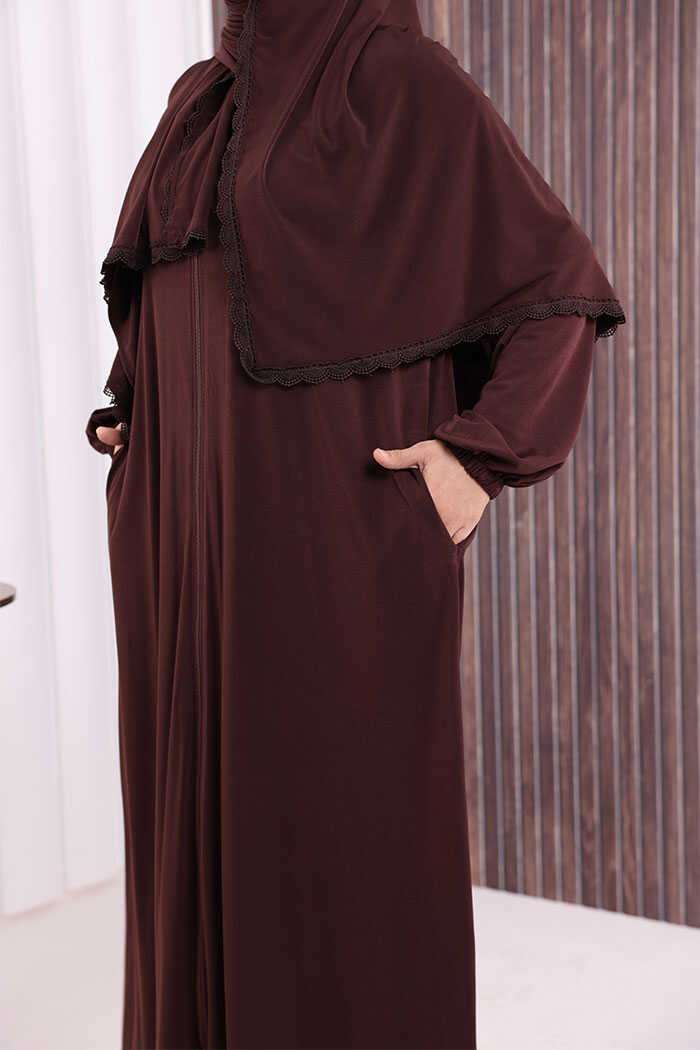 Lace-Detailed Prayer Abaya with Matching Hijab 6010 Brown