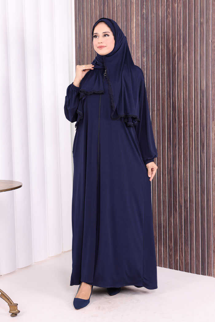 Lace-Detailed Prayer Abaya with Matching Hijab 6010 Navy