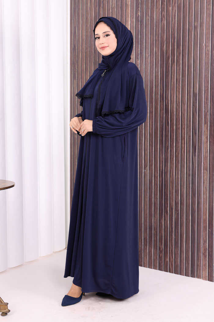Lace-Detailed Prayer Abaya with Matching Hijab 6010 Navy