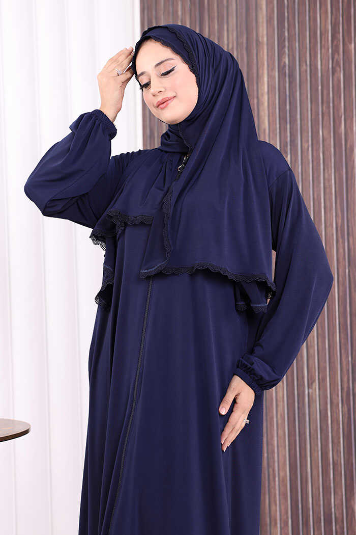 Lace-Detailed Prayer Abaya with Matching Hijab 6010 Navy