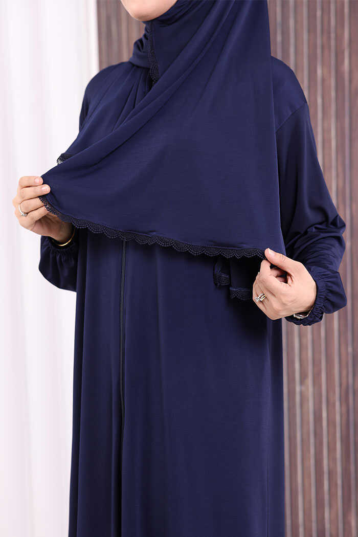 Lace-Detailed Prayer Abaya with Matching Hijab 6010 Navy