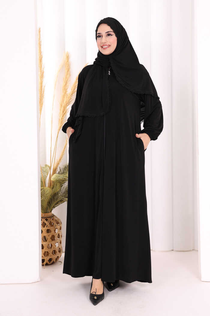Lace-Detailed Prayer Abaya with Matching Hijab 6010 Black