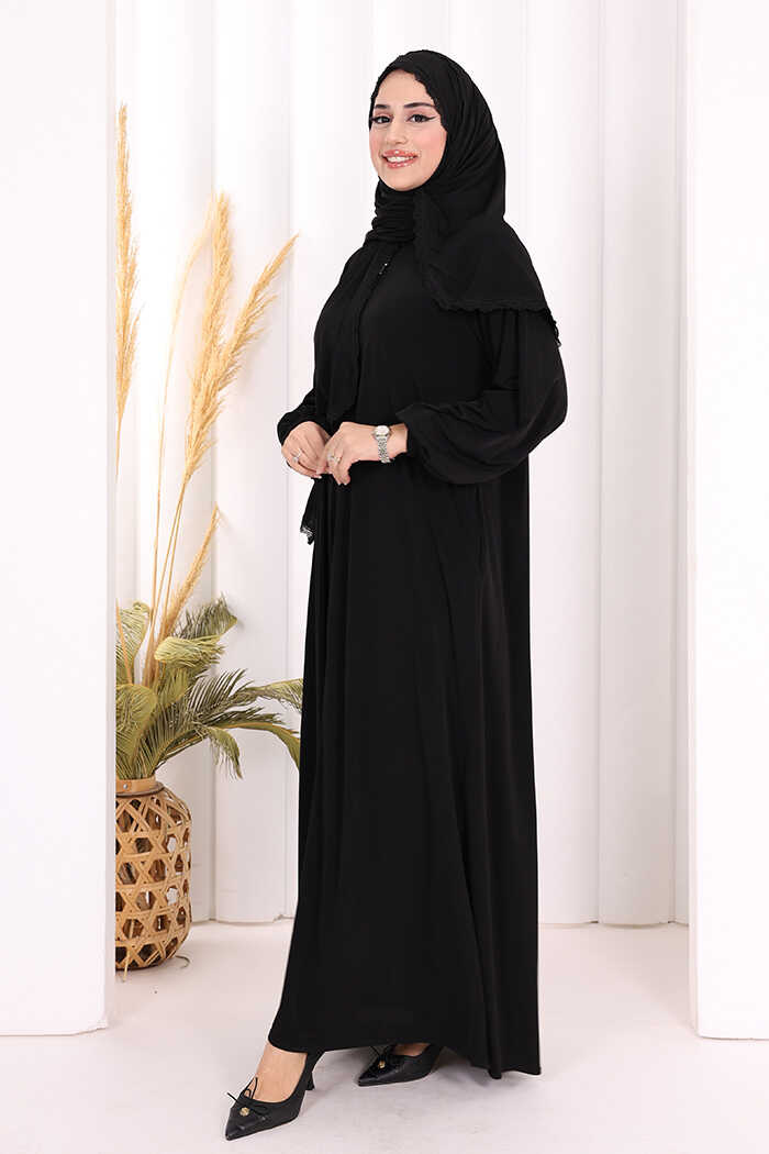 Lace-Detailed Prayer Abaya with Matching Hijab 6010 Black