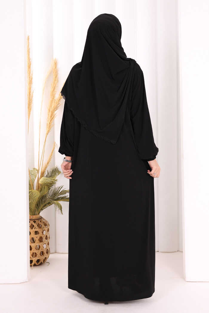 Lace-Detailed Prayer Abaya with Matching Hijab 6010 Black