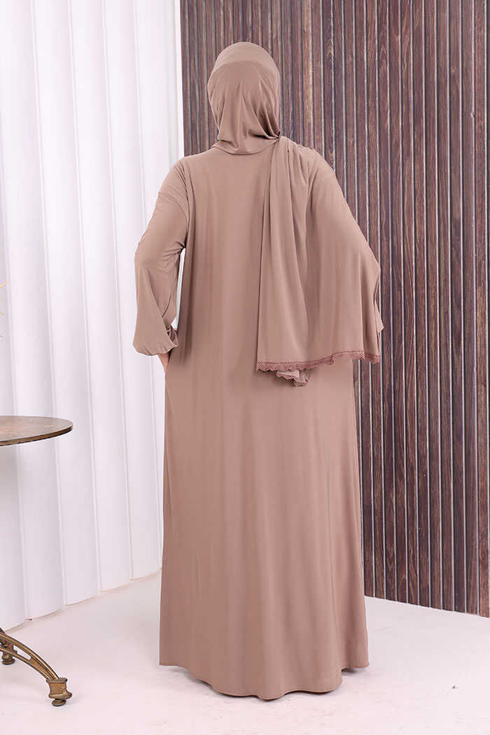 Lace-Detailed Prayer Abaya with Matching Hijab 6010 Mink