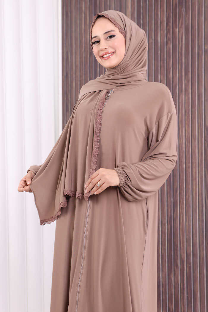 Lace-Detailed Prayer Abaya with Matching Hijab 6010 Mink