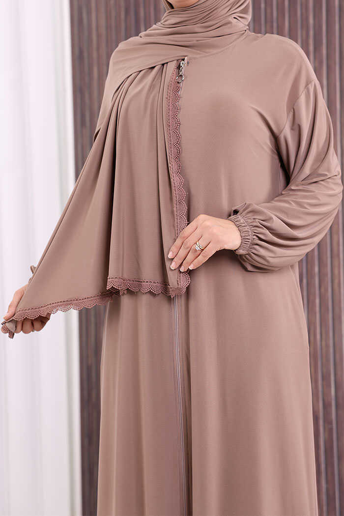 Lace-Detailed Prayer Abaya with Matching Hijab 6010 Mink