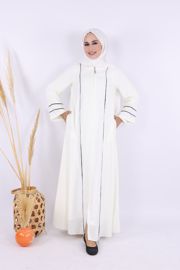Piped-Detail Abaya 6011 Ecru