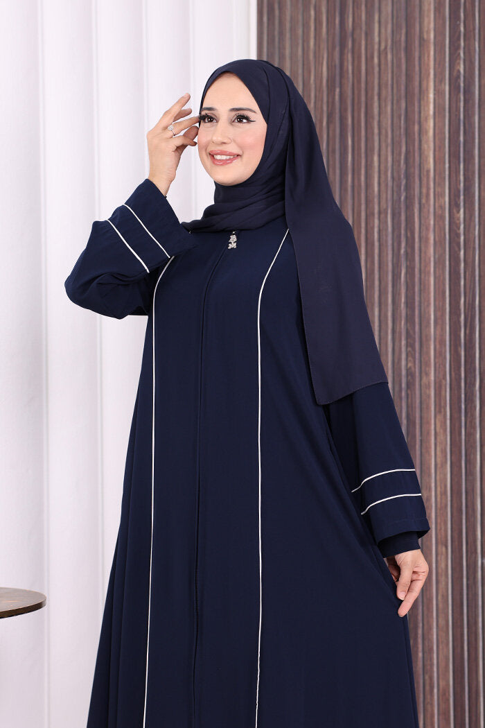 Piped-Detail Abaya 6011 Navy