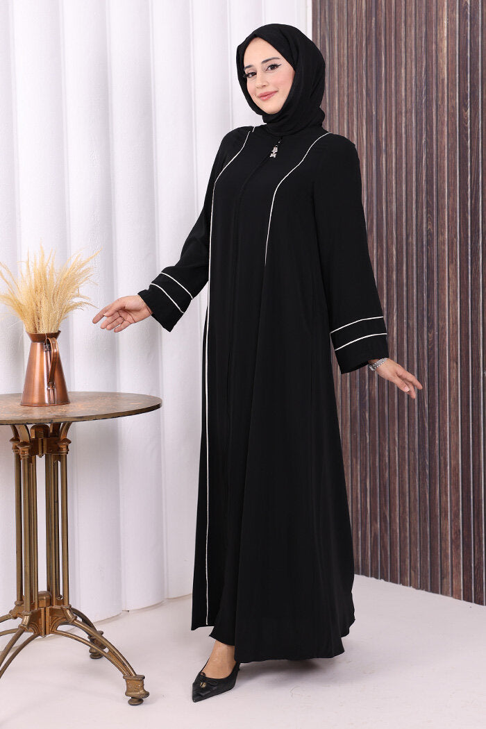 Piped-Detail Abaya 6011 Black