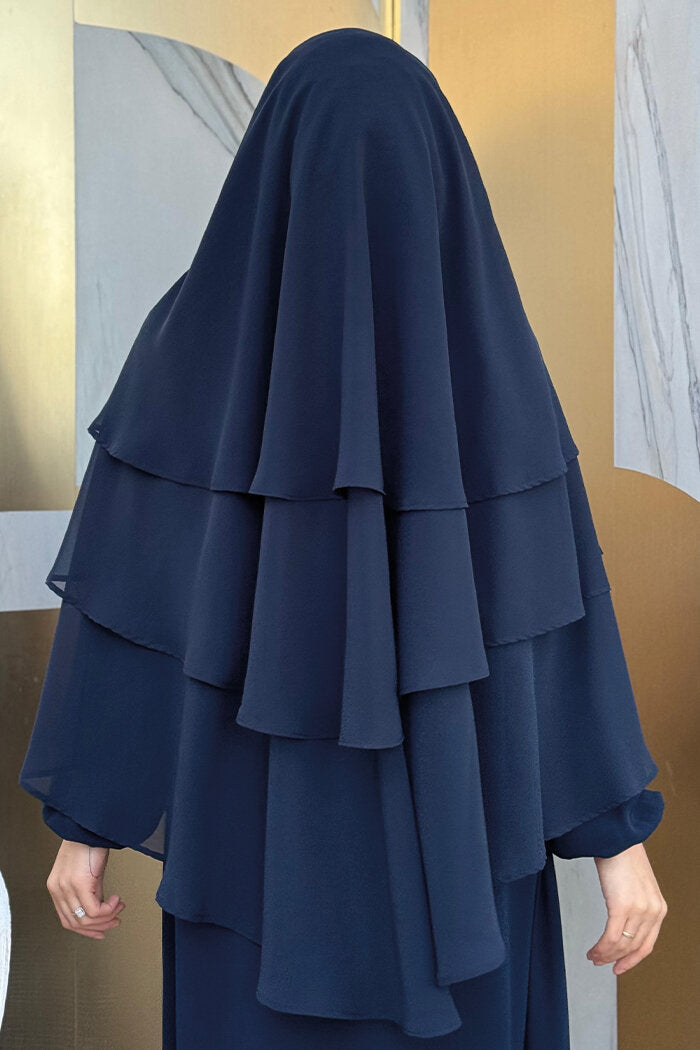 Built-In Niqab Three-Layer Chiffon Hijab 6012 Navy