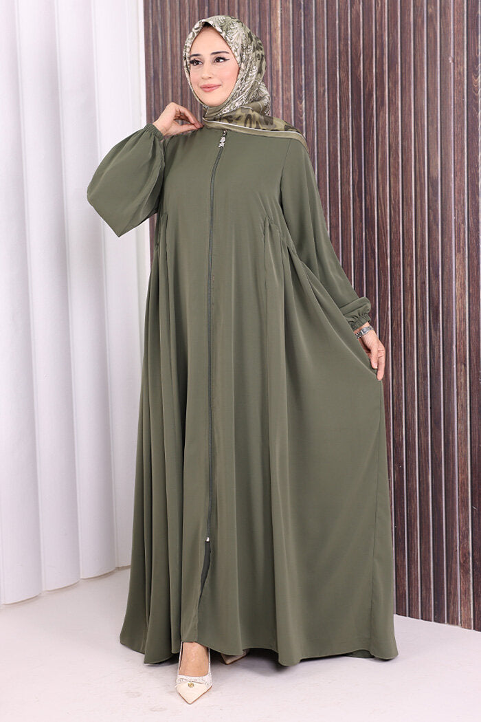 Gathered Elastic-Cuff Abaya 6005 Khaki