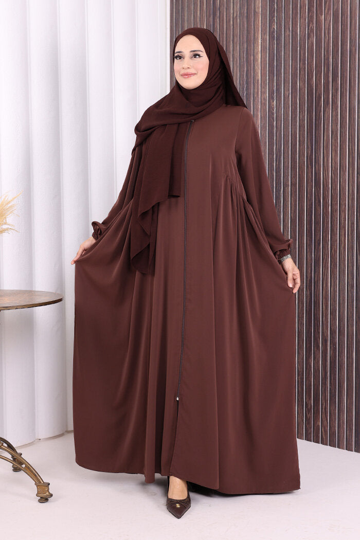 Gathered Elastic-Cuff Abaya 6005 Brown