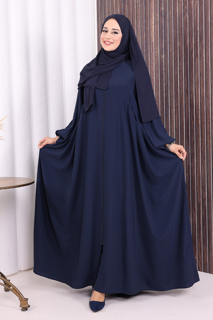 Gathered Elastic-Cuff Abaya 6005 Navy