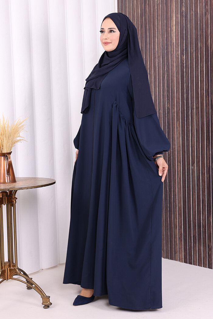 Gathered Elastic-Cuff Abaya 6005 Navy
