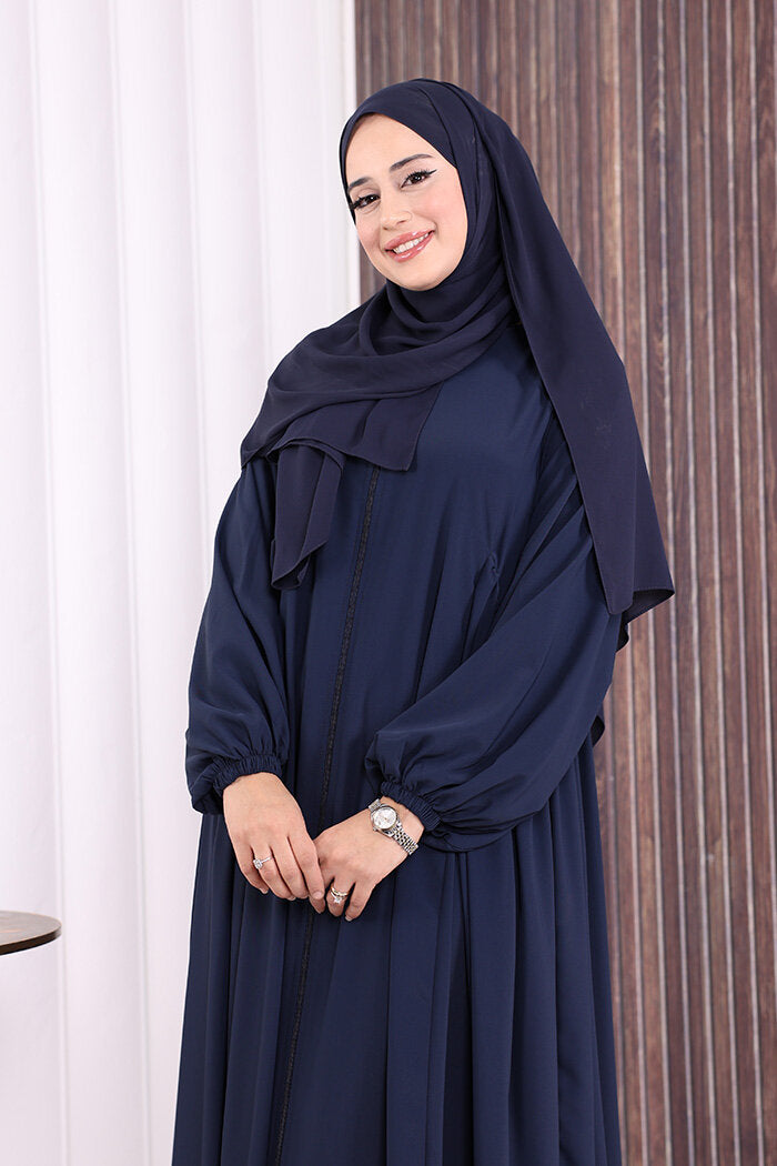 Gathered Elastic-Cuff Abaya 6005 Navy