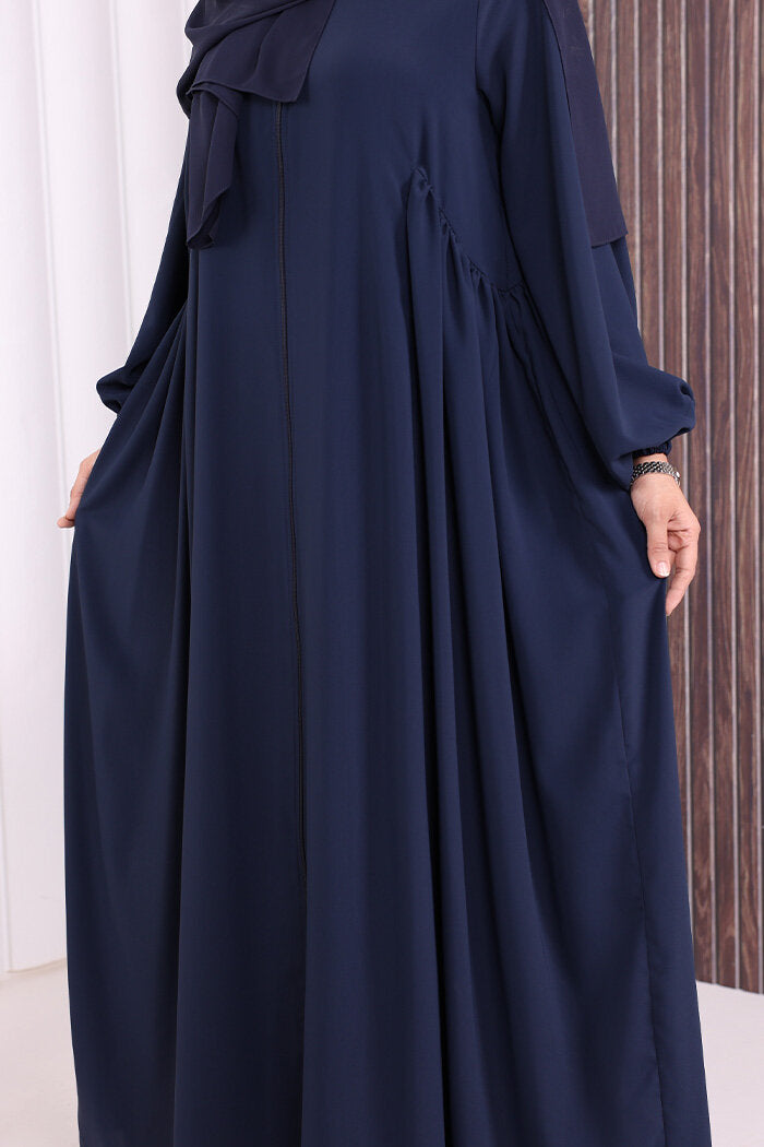 Gathered Elastic-Cuff Abaya 6005 Navy
