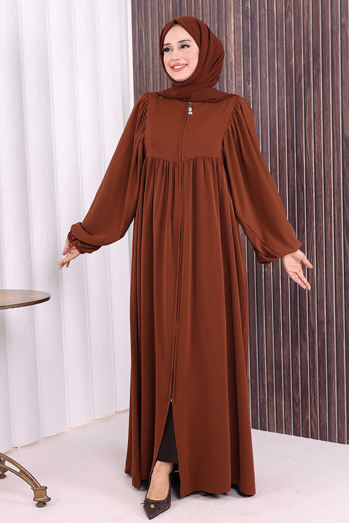 Zip-Front Gathered-Sleeve Relaxed Abaya 6006 Brown