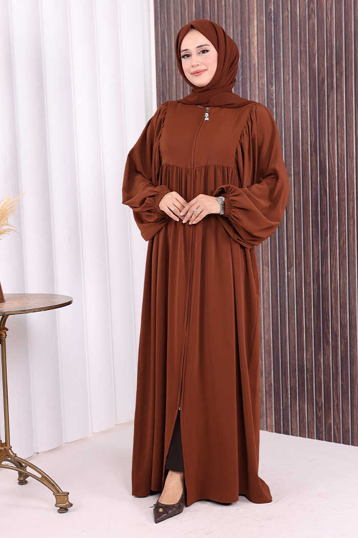 Zip-Front Gathered-Sleeve Relaxed Abaya 6006 Brown