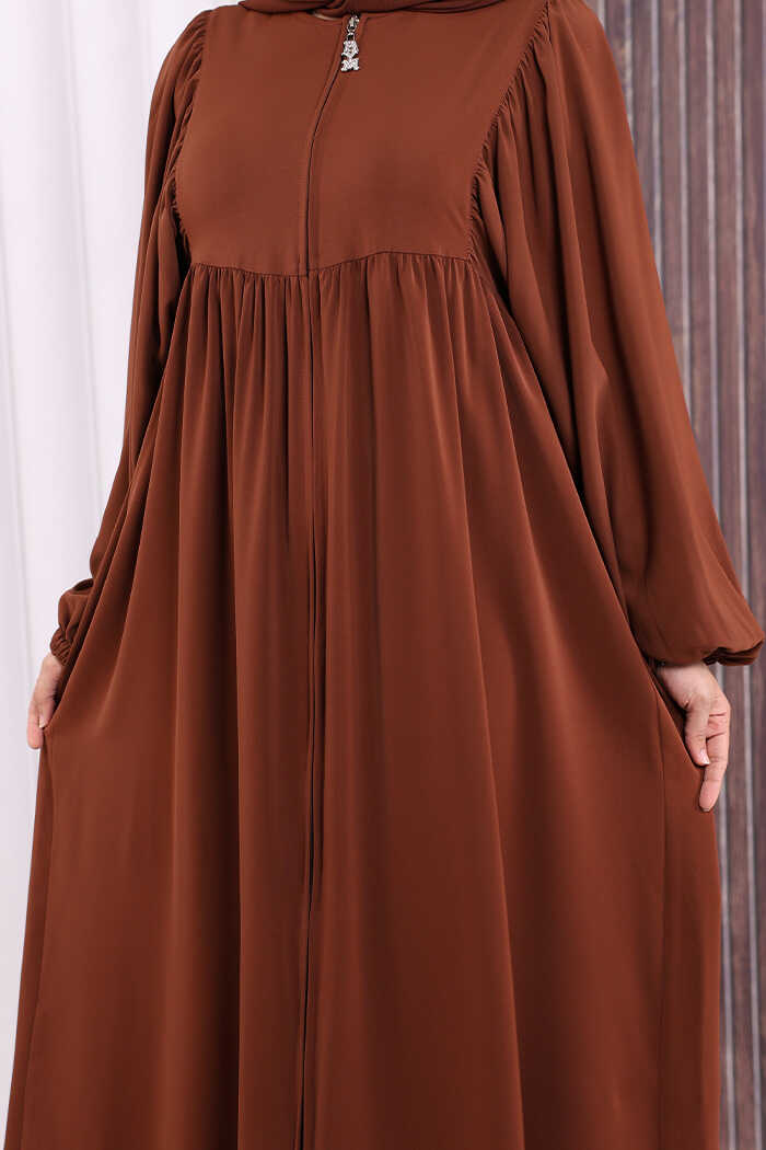 Zip-Front Gathered-Sleeve Relaxed Abaya 6006 Brown
