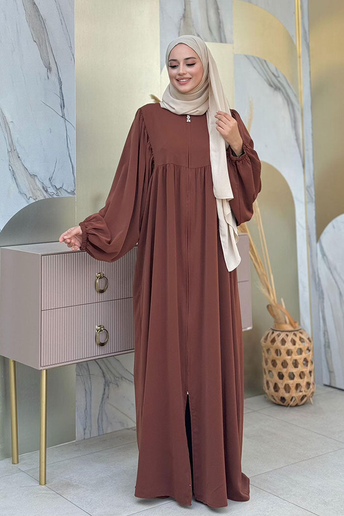 Zip-Front Gathered-Sleeve Relaxed Abaya 6006 Brown