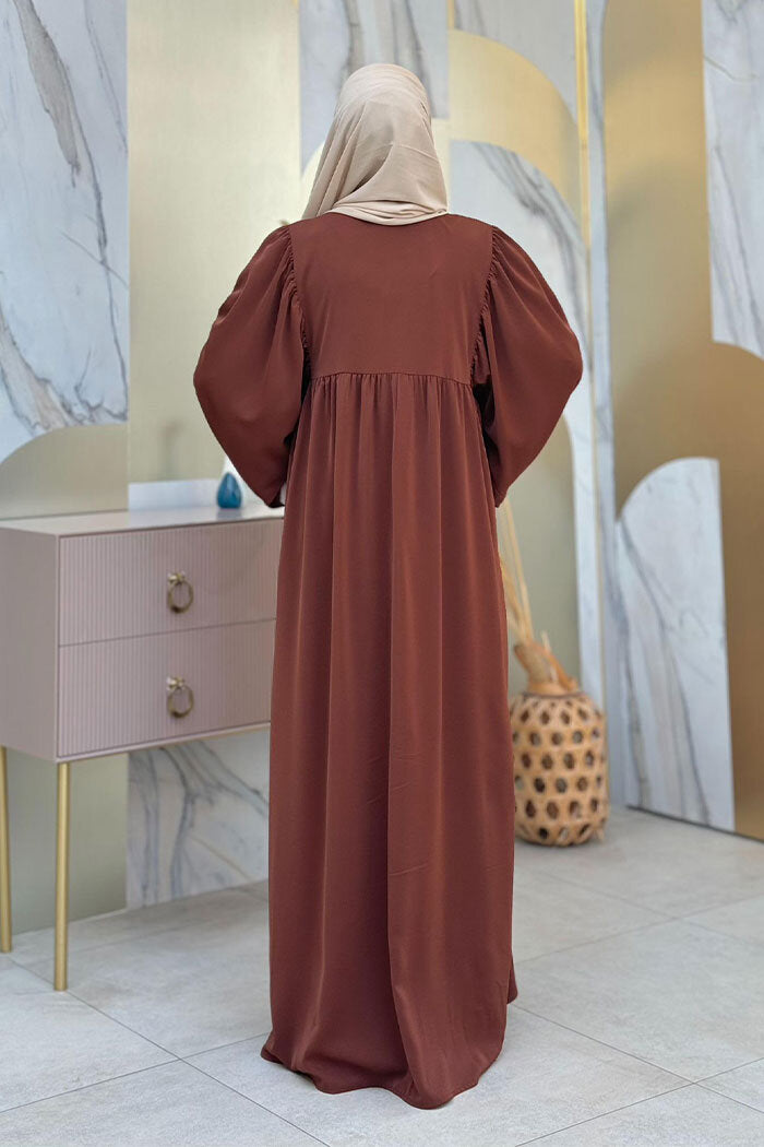 Zip-Front Gathered-Sleeve Relaxed Abaya 6006 Brown