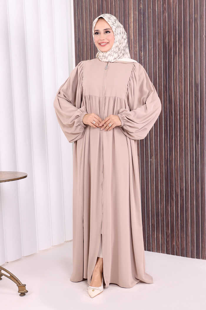 Zip-Front Gathered-Sleeve Relaxed Abaya 6006 Mink