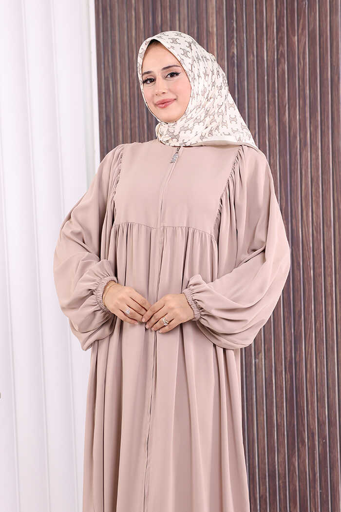 Zip-Front Gathered-Sleeve Relaxed Abaya 6006 Mink