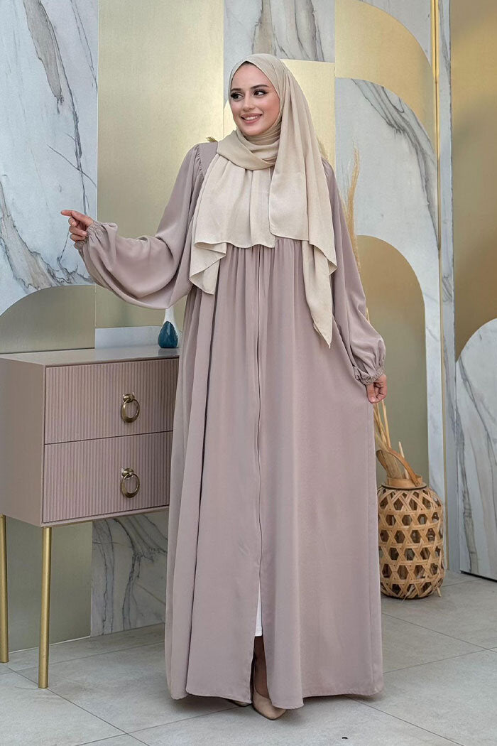 Zip-Front Gathered-Sleeve Relaxed Abaya 6006 Mink