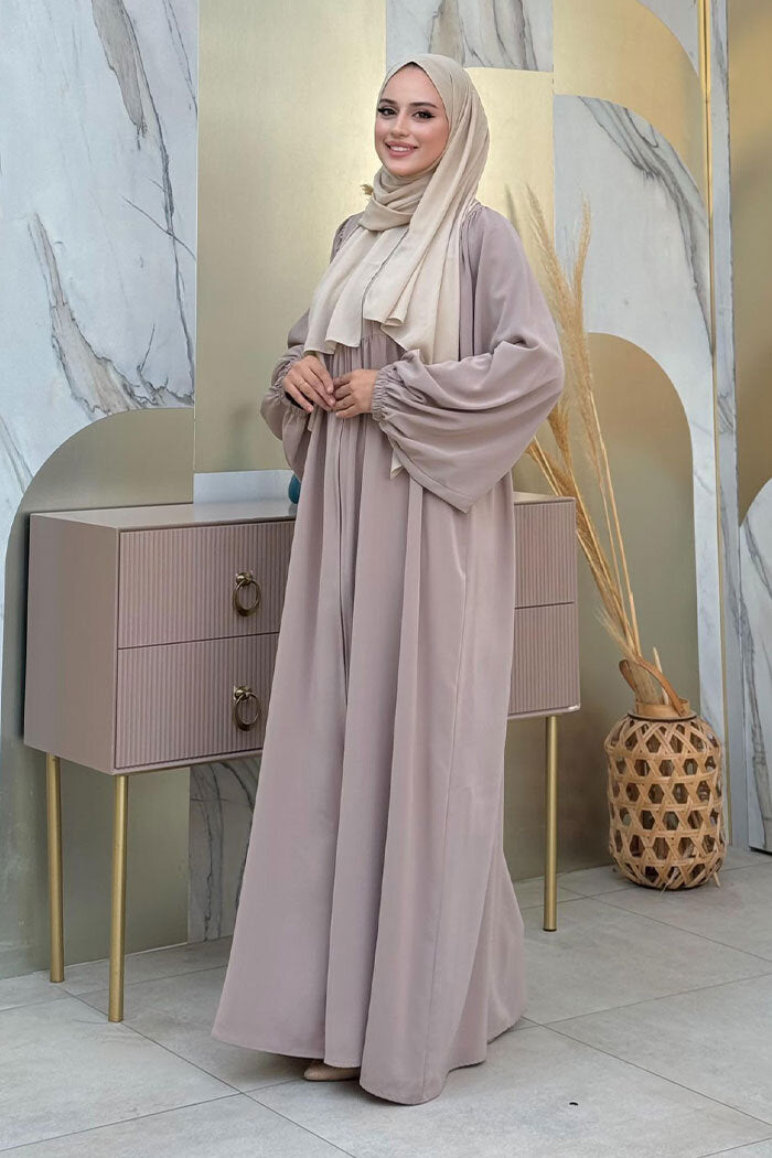 Zip-Front Gathered-Sleeve Relaxed Abaya 6006 Mink