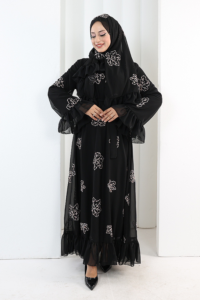Floral Embroidered Dress with Matching Hijab 7000 Black