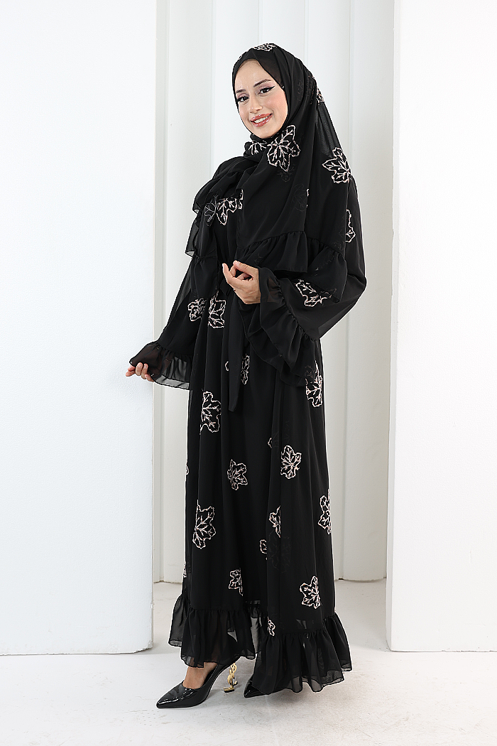 Floral Embroidered Dress with Matching Hijab 7000 Black