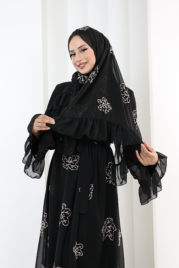 Floral Embroidered Dress with Matching Hijab 7000 Black