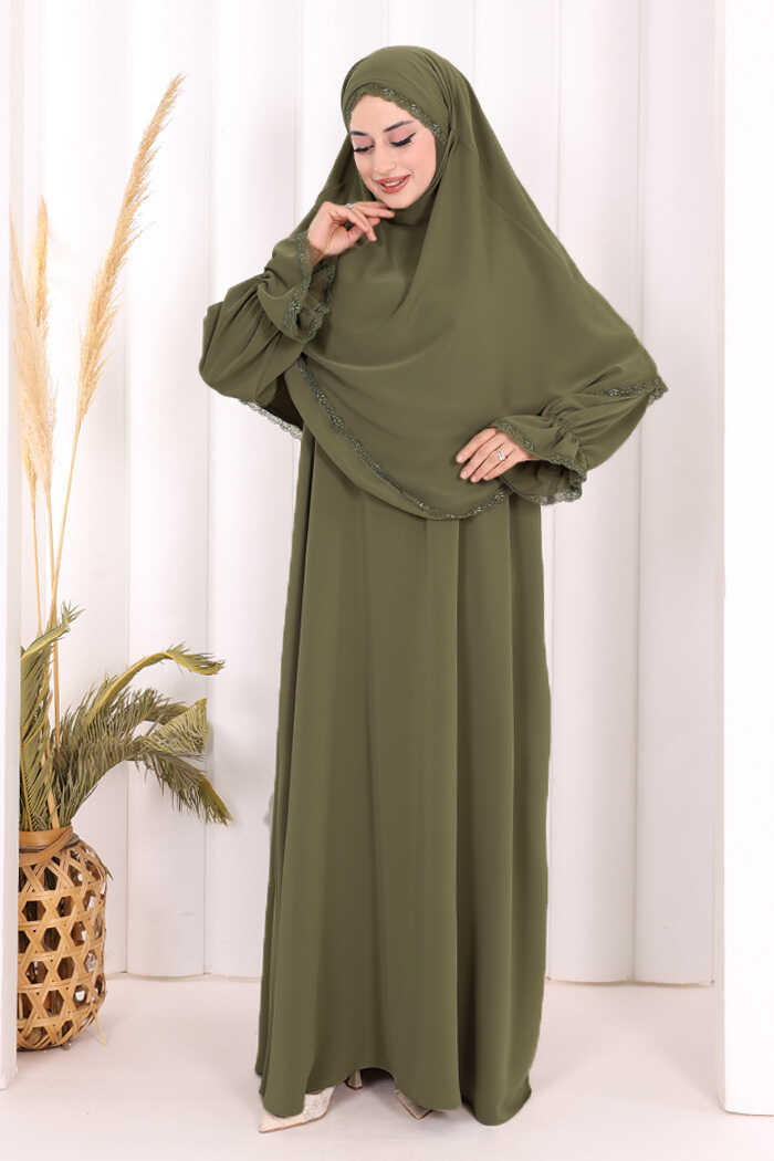 Lace-Detailed Ruffle Prayer Dress 6061 Khaki